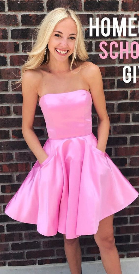 Satin Lilian Homecoming Dresses Pink A Line Strapless Straight Sleeveless Pleated Short Pockets