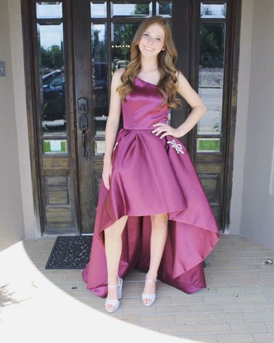 One Shoulder Homecoming Dresses Amani A Line Satin Sleeveless High Low Floor Length Simple