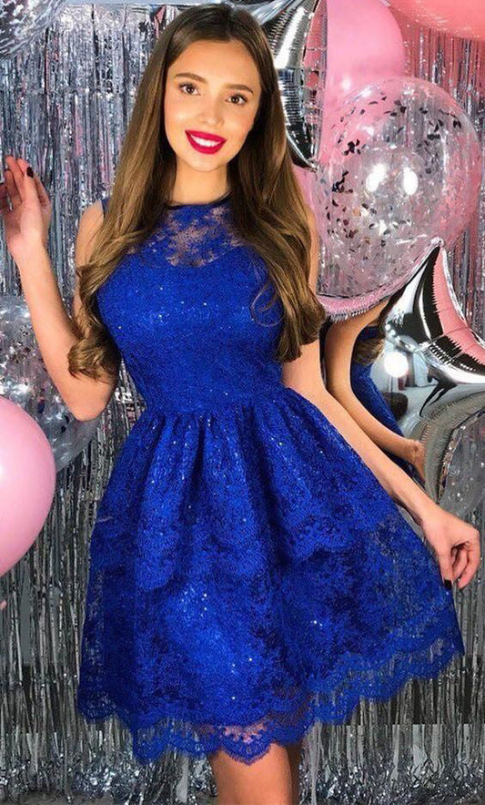 Eileen Lace A Line Royal Blue Homecoming Dresses Jewel Sleeveless Pleated Elegant Sexy Short