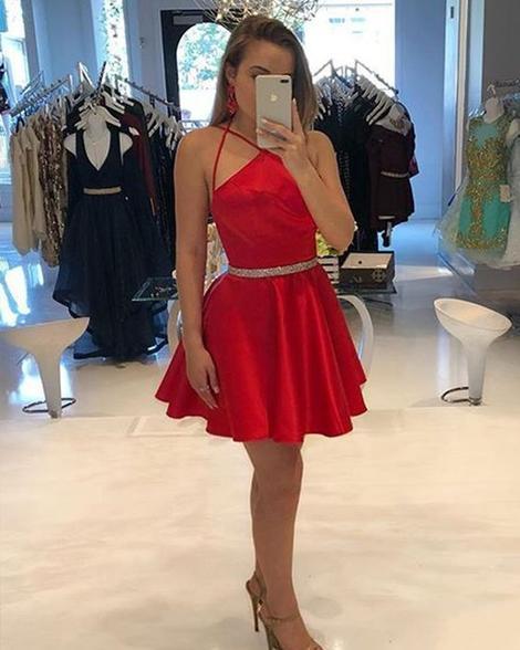 Halter Jayda Satin A Line Homecoming Dresses Spaghetti Straps Sexy Pleated Short Red Simple