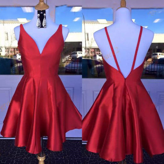Deep V Rylee A Line Satin Homecoming Dresses Neck Red Straps Backless Sleeveless Pleated