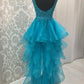 Blue V Neck Corinne Homecoming Dresses High Low Organza Pleated Appliques Backless Sleeveless