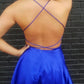 Homecoming Dresses Satin Mariyah A Line Halter Straps Backless Short Pleated Criss Cross