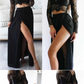 Black Long Sleeves Sexy Slit Two-piece Cheap A-line High Neck Lace Chiffon Prom Dresses
