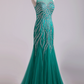 Scoop Mermaid Tulle Prom Dresses Fully Beaded Bodice Sweep Train