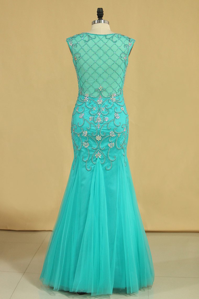 Plus Size Scoop Mermaid Prom Dresses Beaded Bodice Tulle Floor Length