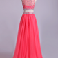 Two-Piece Bateau Beaded Bodice Princess Prom Dress Pick Up Tulle Skirt Floor Length