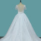 Mermaid Tulle Scoop Short Sleeve Wedding Dresses With Applique And Sash Sweep Train