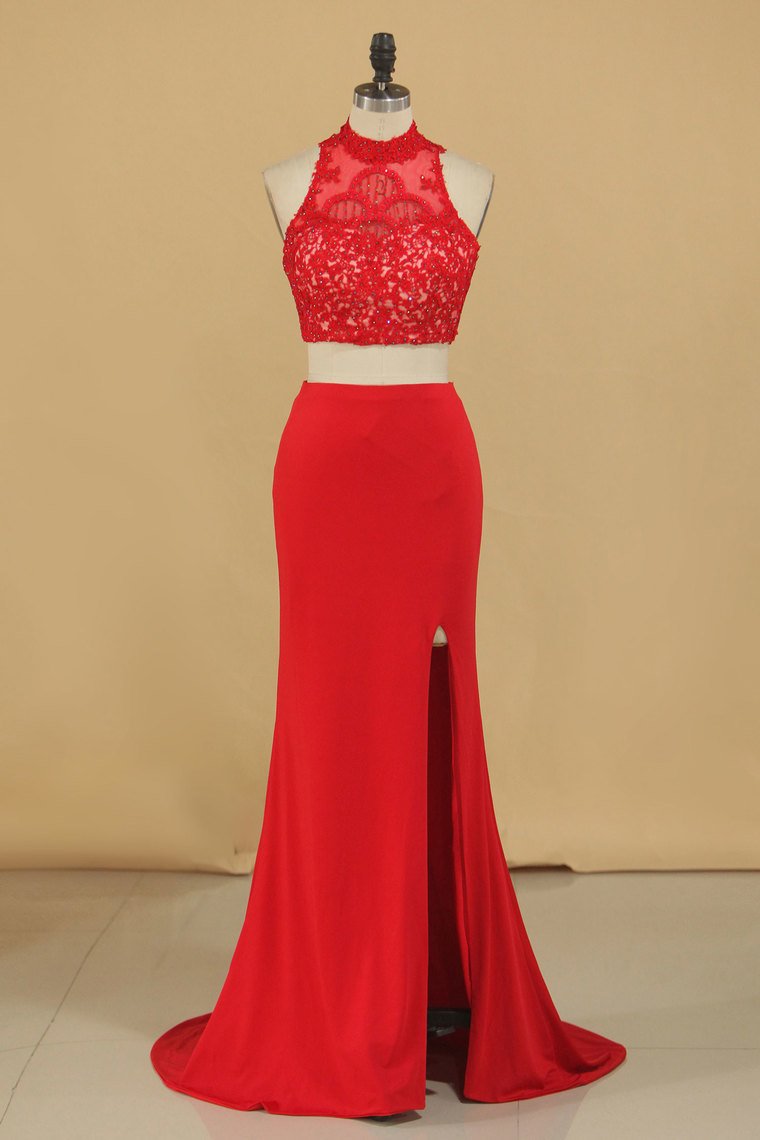 Two-Piece High Neck Spandex  Prom Dresses Sheath With Beads And Applique Open Back