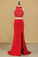 Two-Piece High Neck Spandex  Prom Dresses Sheath With Beads And Applique Open Back