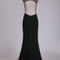 Spandex Scoop With Beads And Slit Open Back Sheath Prom Dresses Sweep Train