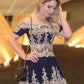 A-Line Off-The-Shoulder Chiffon Homecoming Dresses Pat Short Sleeves Navy Blue 2024 With Appliques