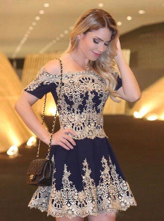 A-Line Off-The-Shoulder Chiffon Homecoming Dresses Pat Short Sleeves Navy Blue 2024 With Appliques