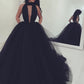 Black Ball Gown Court Train Halter Sleeveless Backless Tulle Wedding Dress