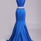 Two Pieces Mermaid Bateau Prom Dresses With Beading Satin & Lace