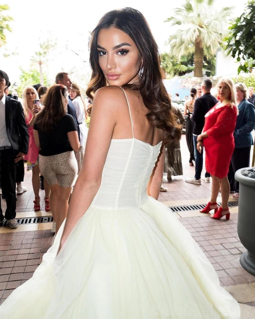Princess A Line Spaghetti Straps Daffodil Layers Tulle Prom Dresses, Sweetheart Prom Gowns SRS15284