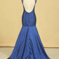2024 Dark Royal Blue Scoop Prom Dresses Mermaid Taffeta Sweep Train With Beading