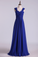 Dark Royal Blue Prom Dresses A Line Straps Floor Length Chiffon Ruffled