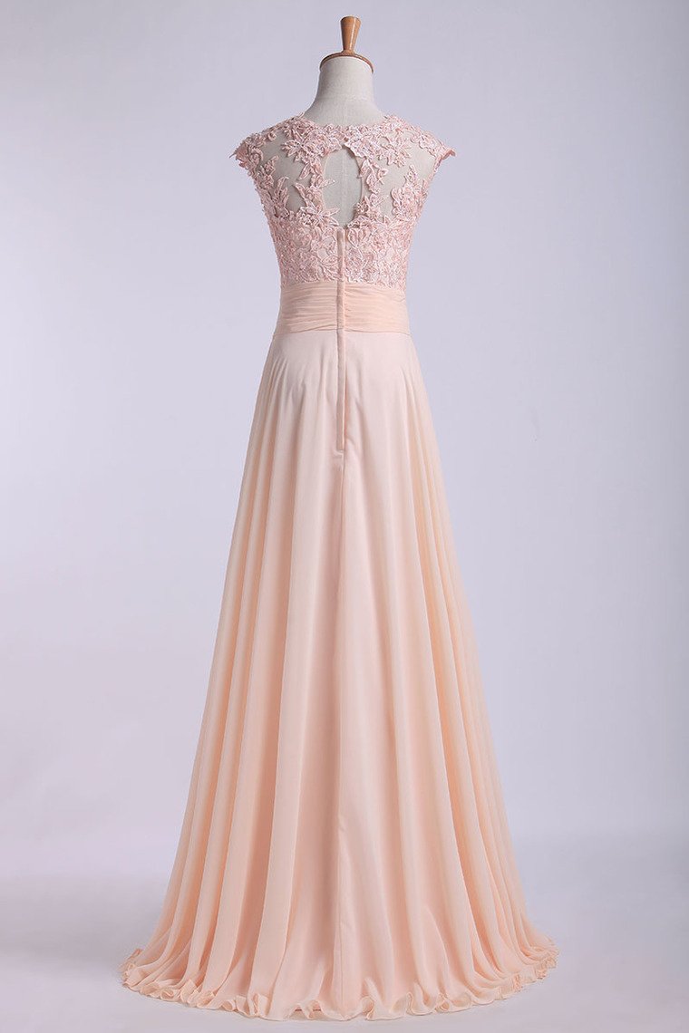 Scoop Prom Dresses A Line Chiffon With Applique And Ruffles Sweep Train