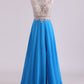 Scoop A Line Prom Dresses Beaded Bodice Chiffon & Tulle With Slit