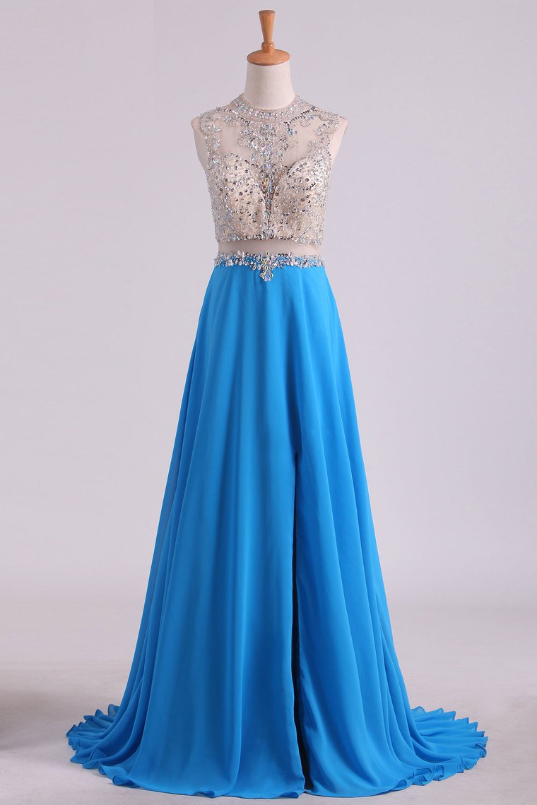 Scoop A Line Prom Dresses Beaded Bodice Chiffon & Tulle With Slit