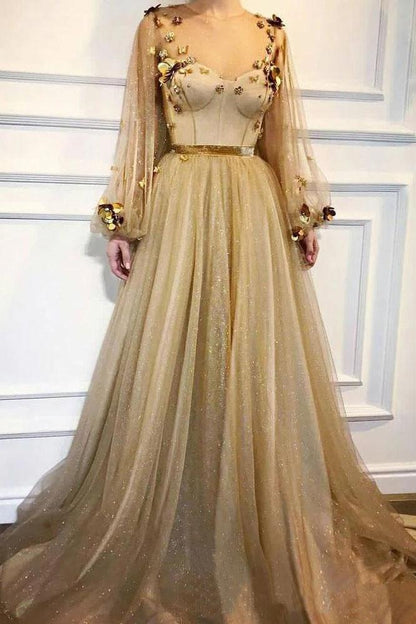 Elegant 3D Flowers Long Sleeve Prom Dresses Golden Rhinestone Evening Dresses SRS15143