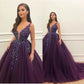 Grape Elegant Tulle V-neck Floor-length Ball Gown Prom Dresses