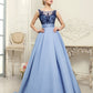 2024 Scoop Blue A-Line Appliques Satin Backless Sleeveless Quinceanera Dress Prom Dresses UK JS456