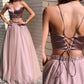 Pearl Pink A-Line Two Piece Sexy Beading Spaghetti Straps Tulle Prom Dresses