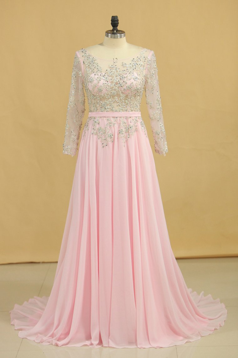 Plus Size A Line Chiffon Prom Dresses Bateau Long Sleeves With Beads & Applique
