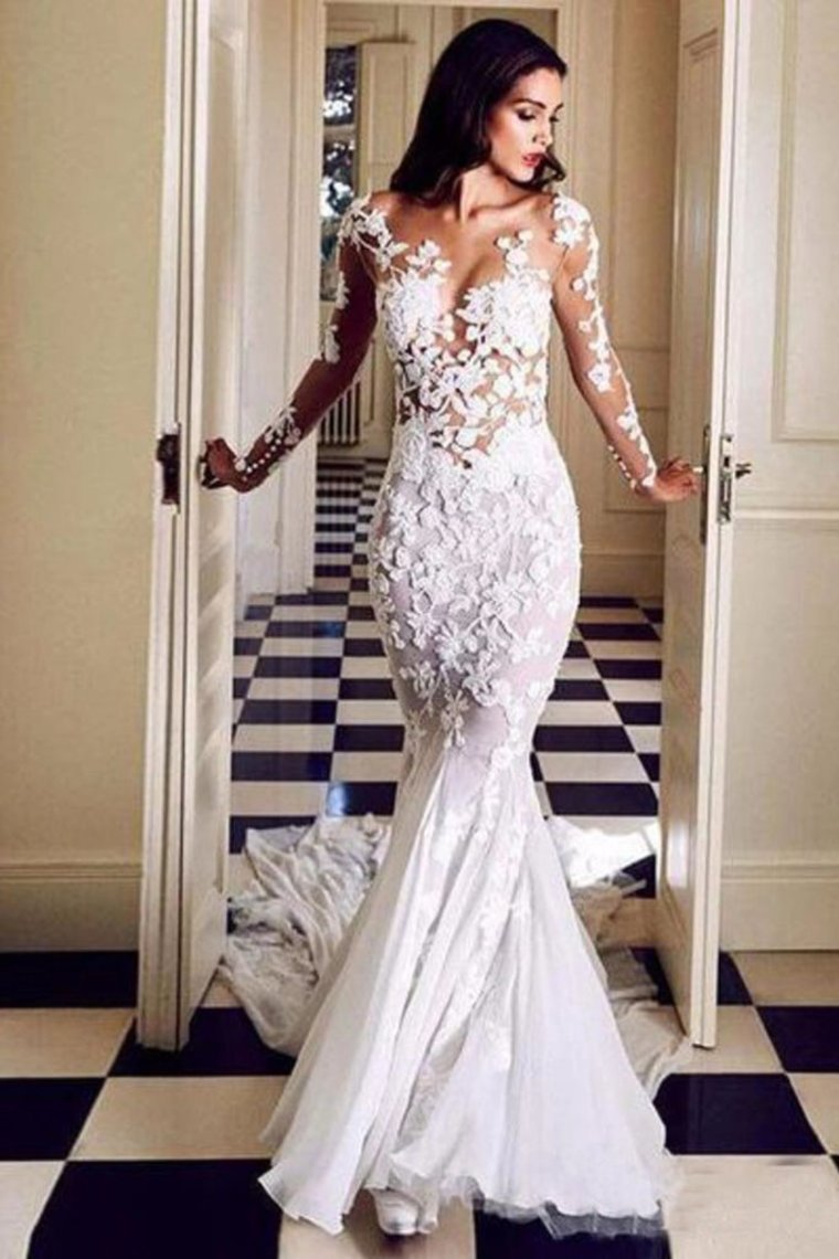 Long Sleeve See Through Mermaid Tulle Wedding Dresses Appliques Bridal SRSPJAP4FDS