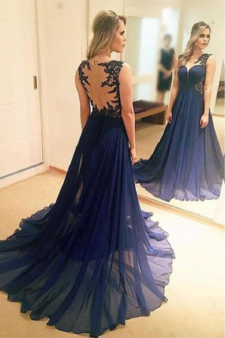 A Line Scoop Chiffon With Applique Sweep Train Prom Dresses