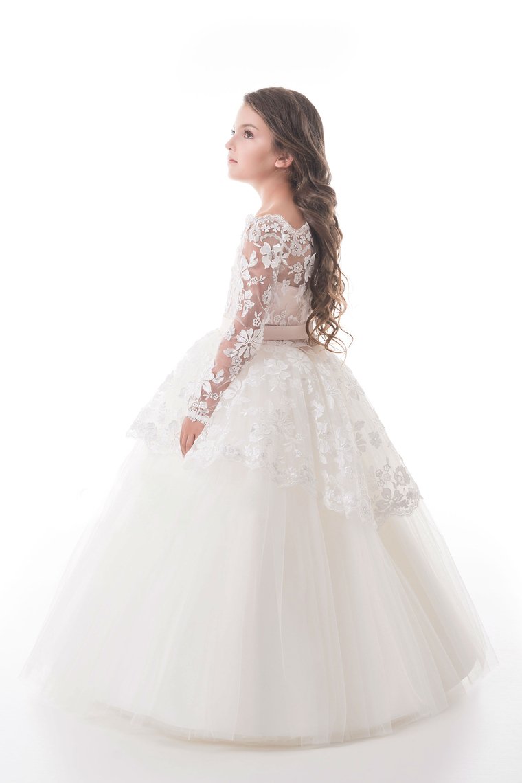 Tulle Boat Neck Flower Girl Dresses A Line Long Sleeves With Applique