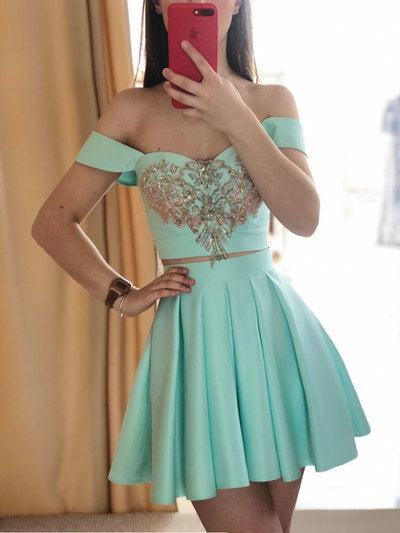 Green two pieces short prom dress, green homecoming dress 2394