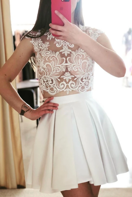 Cute white two pieces lace short prom dress, white homecoming dress 2409
