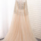 Shiny A Line Prom Dresses Scoop Tulle With Beading & Rhinestones Sweep Train