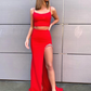 2 Pieces Red Prom Dresses with Leg Slit, Two Pieces Red Formal Evening Dresses 2804
