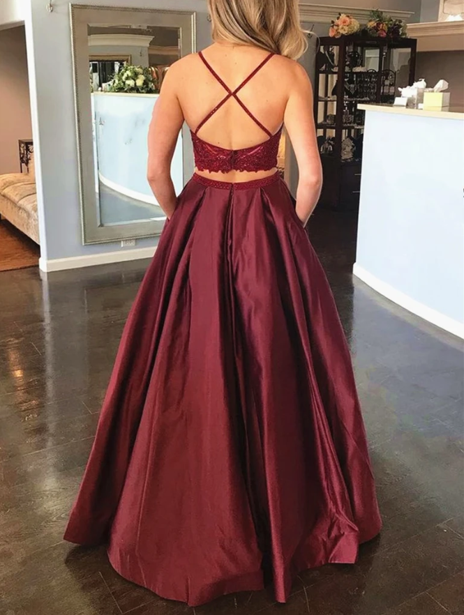2 Pieces Burgundy Lace Prom Dresses, Two Pieces Burgundy Lace Formal Evening Dresses 2808