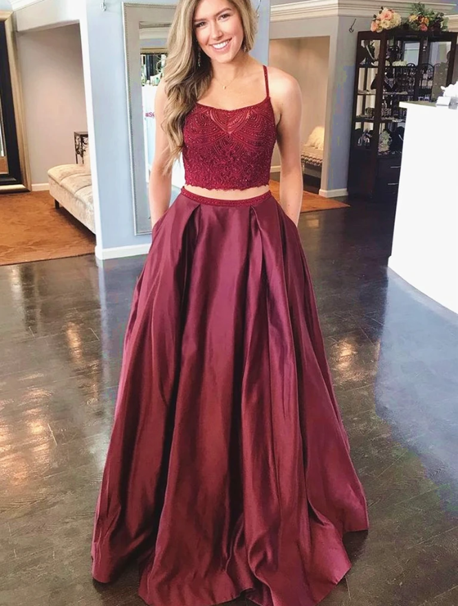 2 Pieces Burgundy Lace Prom Dresses, Two Pieces Burgundy Lace Formal Evening Dresses 2808