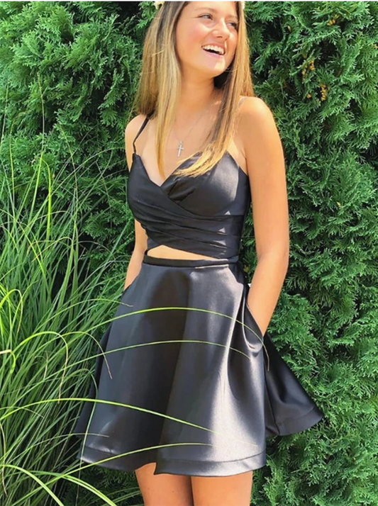 2 Pieces Short Black Prom Dresses, Two Pieces Short Black Formal Homecoming Dresses 2813