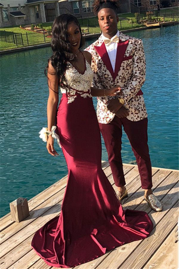 V NECK BURGUNDY MERMAID PROM DRESSES WITH APPLIQUES 2914