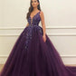 Grape Elegant Tulle V-neck Floor-length Ball Gown Prom Dresses