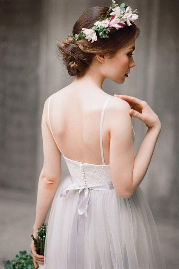 Spaghetti Straps Lace Top Light Grey A-line Tulle Simple Design Beach Wedding Dresses JS513