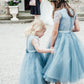 A-Line Mid-Calf Blue Lace Top Tulle Scoop Sleeveless Cheap Junior Flower Girl Dress