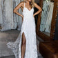 Charming Lace Long A-line Spaghetti Straps Ivory V-Neck Beach Wedding Dress