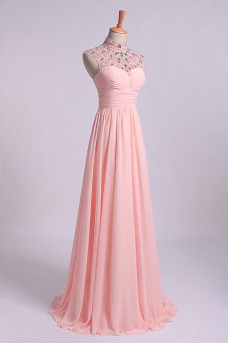 High Neck Prom Dresses A-Line Chiffon With Beads And Ruffles