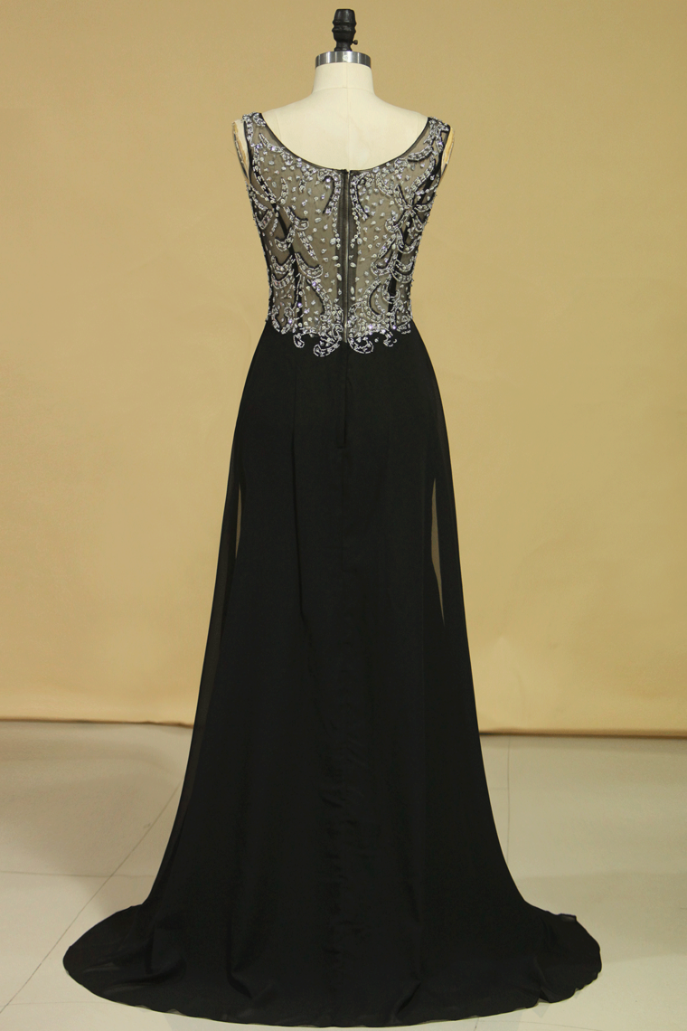 Black Prom Dresses Off The Shoulder See-Through Beaded Bodice Chiffon