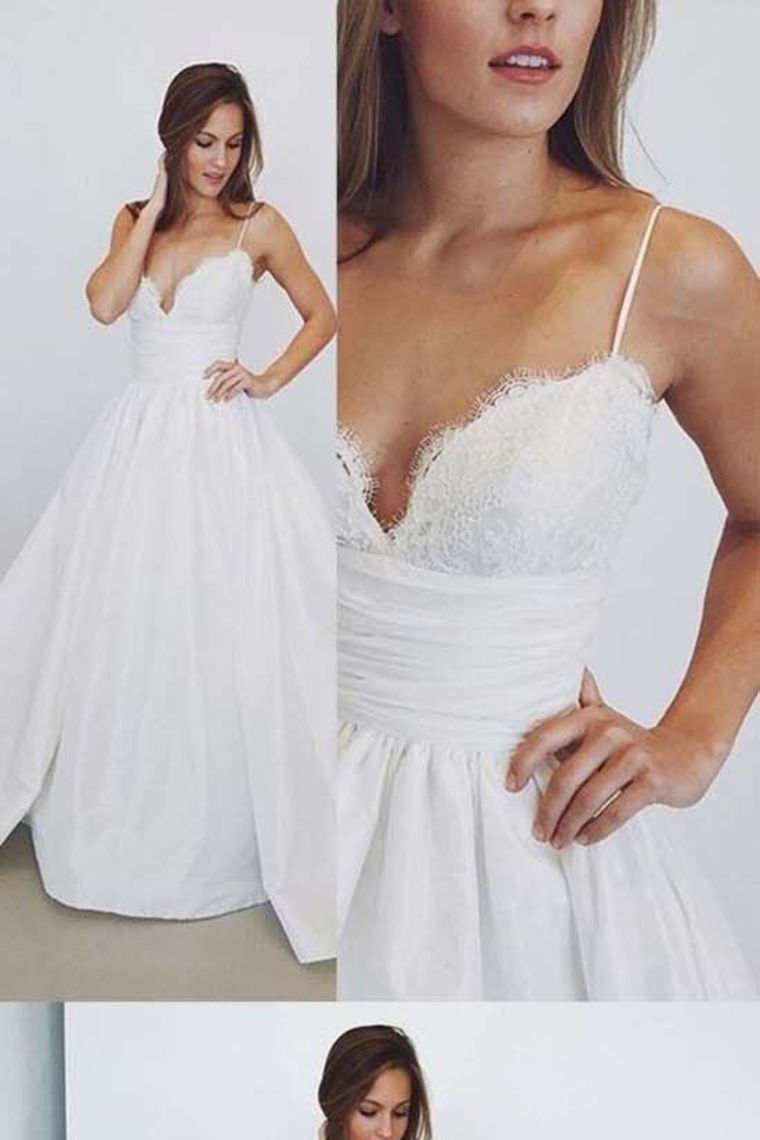 2024 Wedding Dresses A-Line Spaghetti Straps With Lace And Pleated Bodice Satin