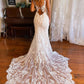 Elegant Mermaid V Neck Lace Wedding Dresses with Appliques
