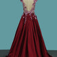 Satin Scoop A Line Prom Dresses With Applique And Handmade Flower Floor Length